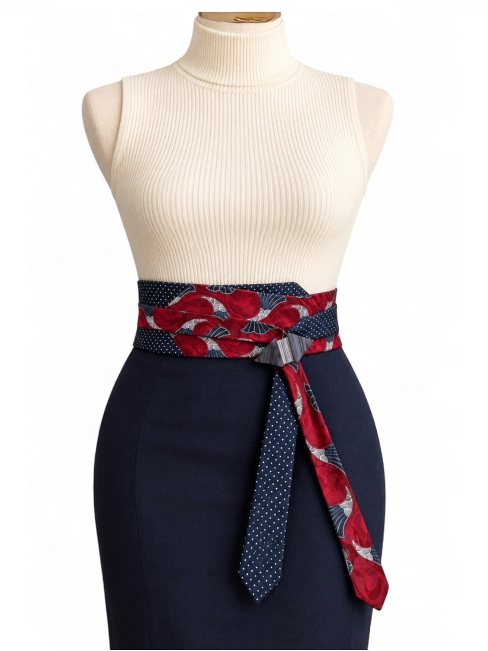 Upcycled Necktie Belt Vintage Pin Asian-Inspired Art Deco Vibes Hidden Pocket